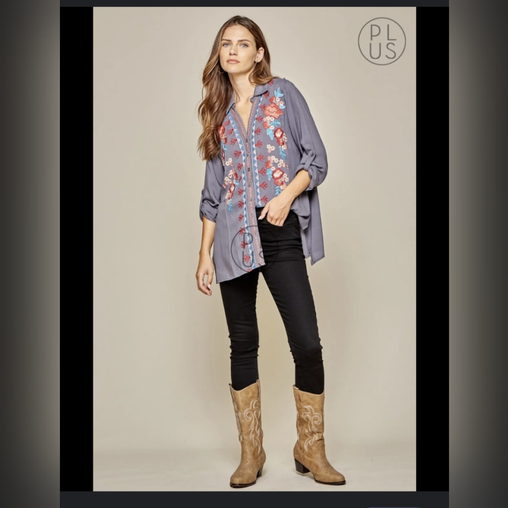 Andree by Unit Savannah Jane Embroidered Floral Gray Tunic S
